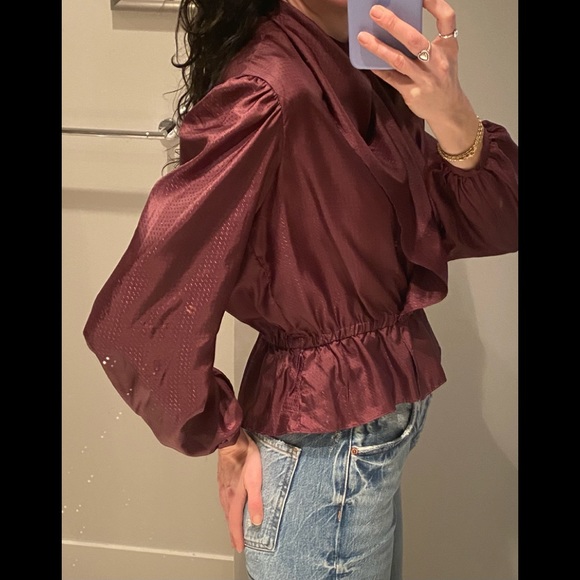 VINTAGE 80’s Halston soft convertible plum sheen day/night sexy blouse Size S-M - Picture 6 of 12